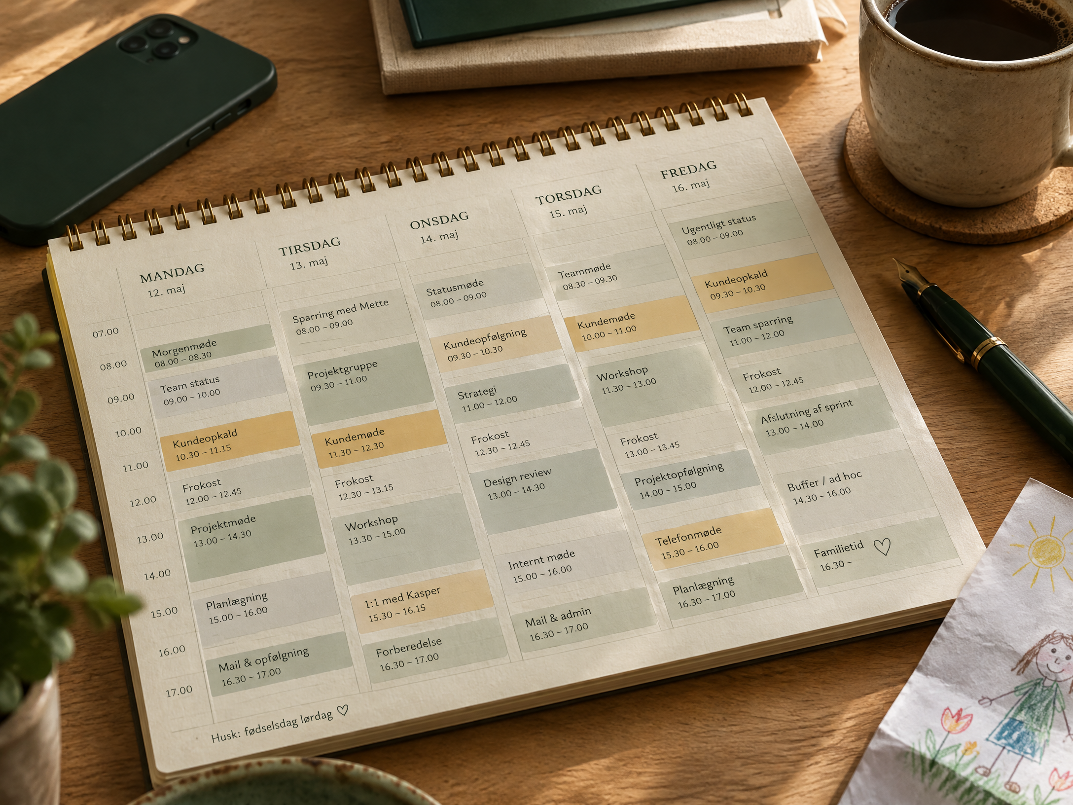 En fuldt booket dansk ugekalender med møder, familietid og arbejdsopgaver